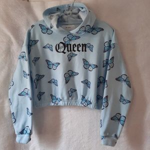 NWOT UK Girl Perfect Skimmer Blue Butterfly Cropped Hoodie Size Large